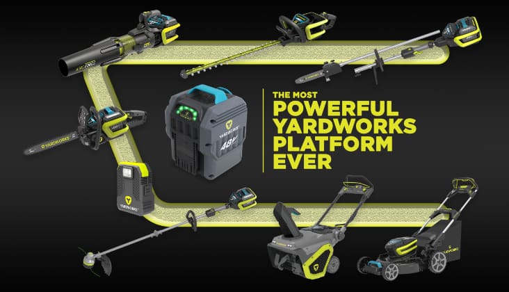 A collection of cordless Yardworks power tools.