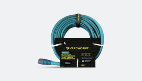 Blue wrapped hose in Yardworks packaging.