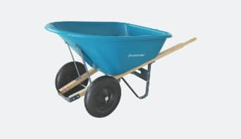 Blue wheelbarrow with wooden handles