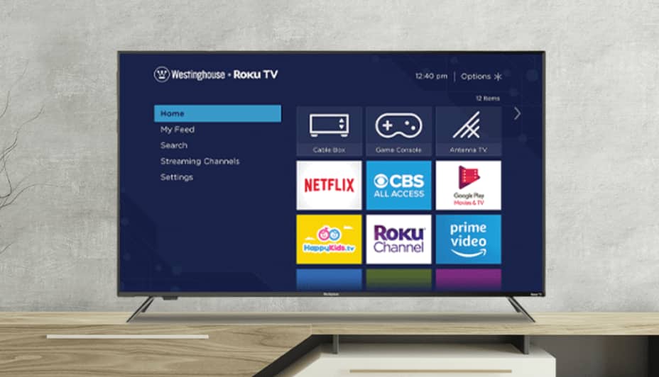 A Westinghouse Roku TV menu on a flat screen television.