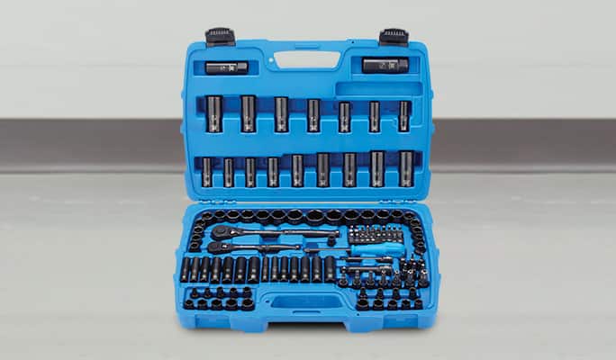 Socket and wrench set in a blue case.