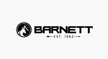 Le logo de Barnett Crossbows : Une tête de cerf stylisée à l'intérieur d'un réticule, à gauche du mot «Barnett», tout en noir.