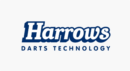 Le logo de Harrows Darts : Un mot-symbole blanc «Harrows» en lettres majuscules, au contour noir.