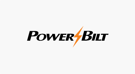 The PowerBilt Golf logo: A black “PowerBilt” wordmark with an orange lightning bolt between the R and B.