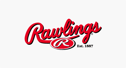 Le logo Rawlings Sporting Goods : Un mot-symbole rouge « Rawlings » en caractères d'imprimerie au-dessus d'un R blanc à l'intérieur d'un cercle et un slogan « EST. 1887 ».