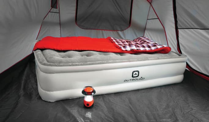 Outbound air mattress inside a tent.