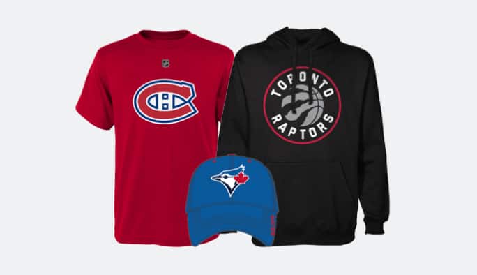 Clichés d'un chandail des Toronto Raptors, d'une casquette des Blue Jays et d'un t-shirt des Canadiens de Montréal.