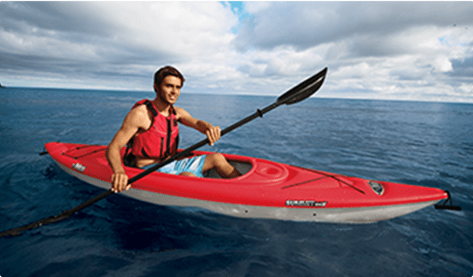 Man wearing a life jacket paddling a kayak on the water.
