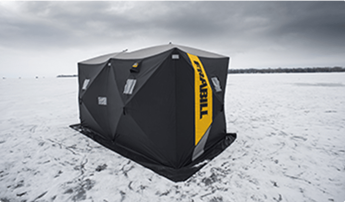 4-6 person Frabill HQ300 ice shelter on a frozen lake. 