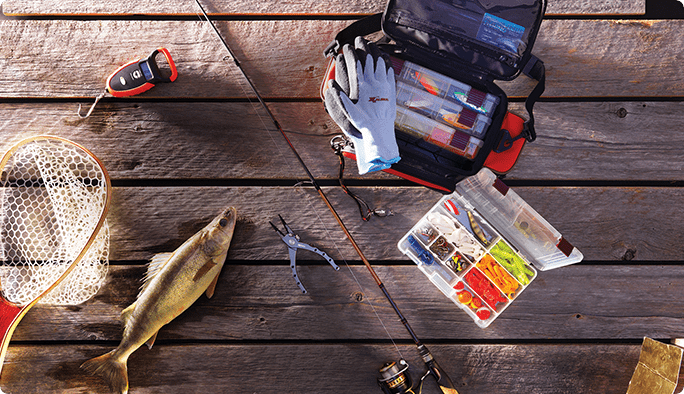 Fishing tackle and gear on a dock