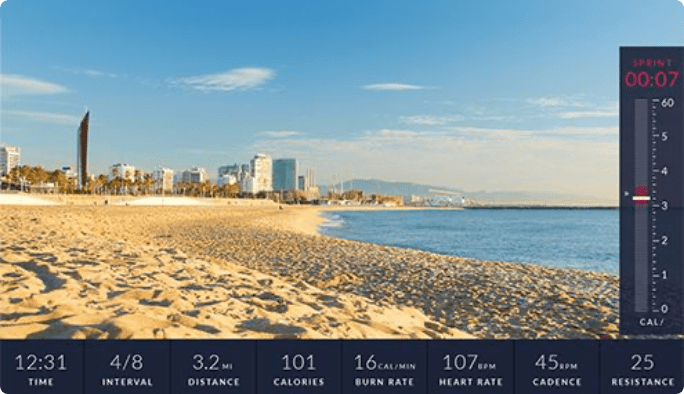 A scenic beach with city skyline, on a workout machine’s screen.  