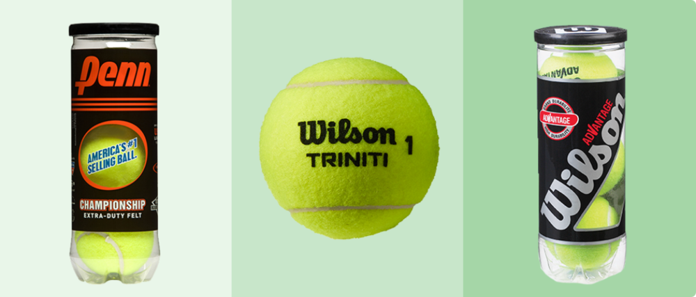 Un paquet de trois balles de tennis Penn Championship. Une seule balle de tennis Wilson Triniti. Un paquet de trois balles de tennis Wilson Advantage.