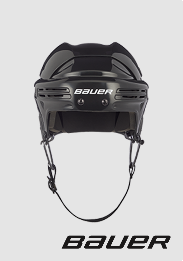 A black Bauer hockey helmet and a black “Bauer” wordmark set against a grey background.