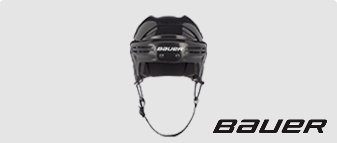 A black Bauer hockey helmet and a black “Bauer” wordmark set against a grey background.