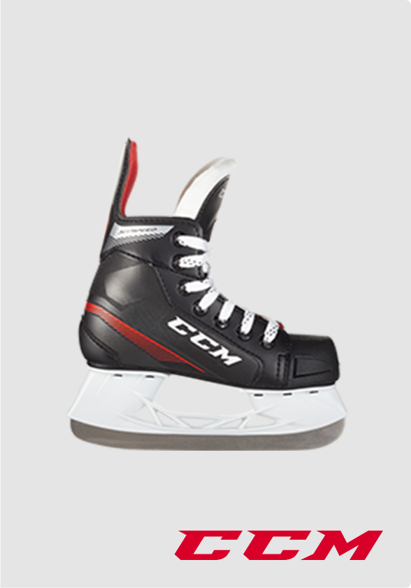 Un patin de hockey CCM noir de profil et les lettres « CCM » rouges sur fond gris.