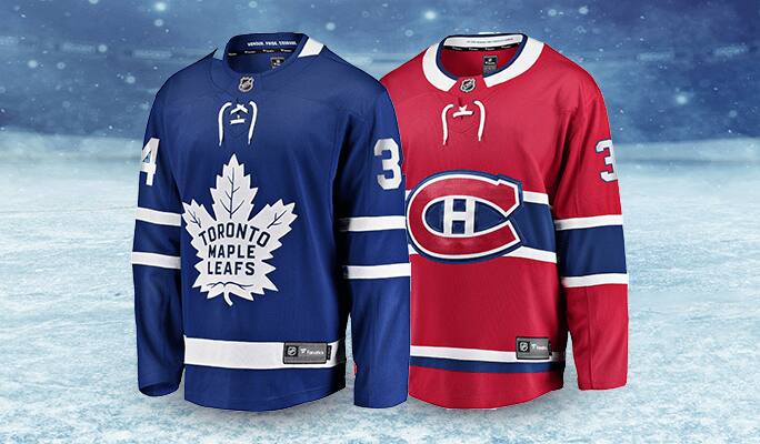 A blue Toronto Maple Leafs jersey and a red Montreal Canadiens jersey set against a snowy hockey-rink background.