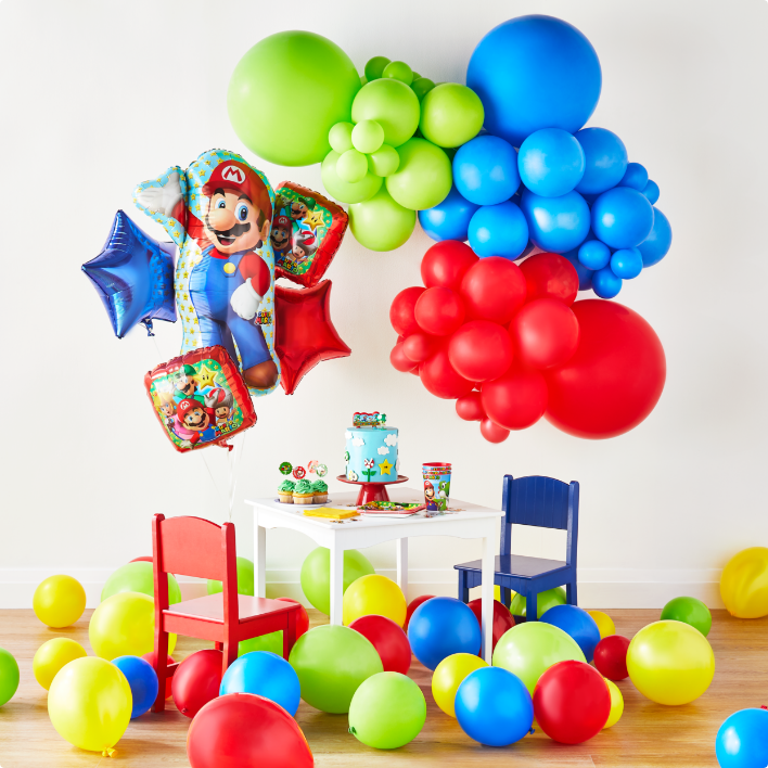 Super Mario party balloons with table and chairs