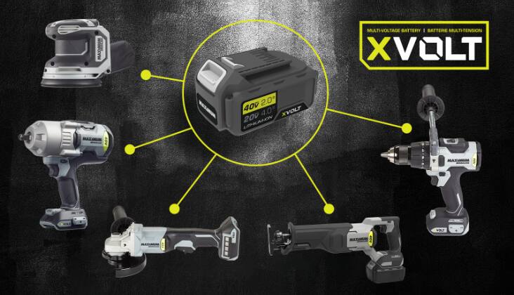 Une plateforme de batteries XVOLT au centre de l'image, avec des lignes jaunes la reliant à divers articles MAXIMUM qui lui sont compatibles, comme une perceuse et d'autres outils électriques.