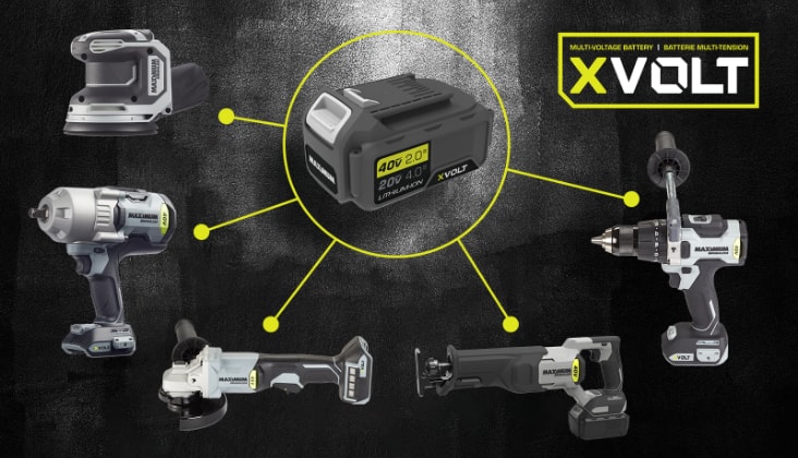 An XVOLT Battery Platform in the centre of the image, with yellow lines linking it to various MAXIMUM products that are compatible with it, such as a drill and other power tools. 