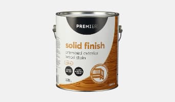 A container of Premier solid finish premixed exterior wood stain.