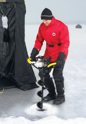 Man drilling a fishing hole in ice.