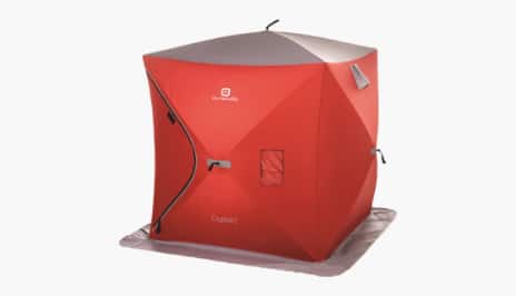  A red coloured ice shelter for two persons.