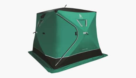 A green-coloured ice shelter for three people. 