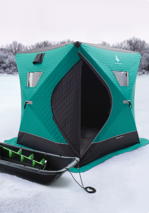 A green-coloured thermal ice shelter.