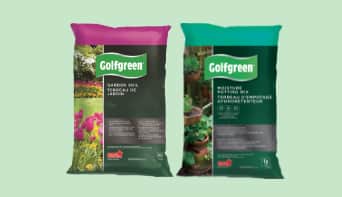 Single bag of Golfgreen Garden Soil product beside a single bag of Golfgreen Moisture Potting Mix product against a light green background. 