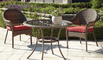 Canterbury wicker armchairs with red seat cushion, glass top coffee table with a potted plant