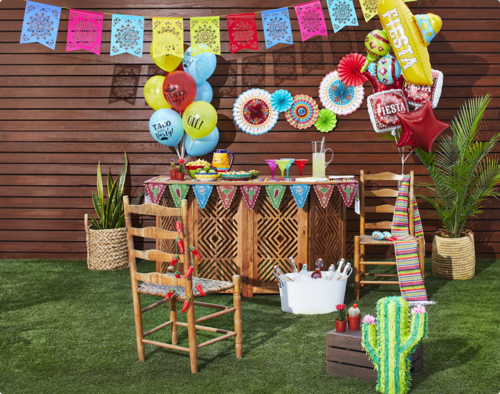 Outdoor party setup with various decorations.