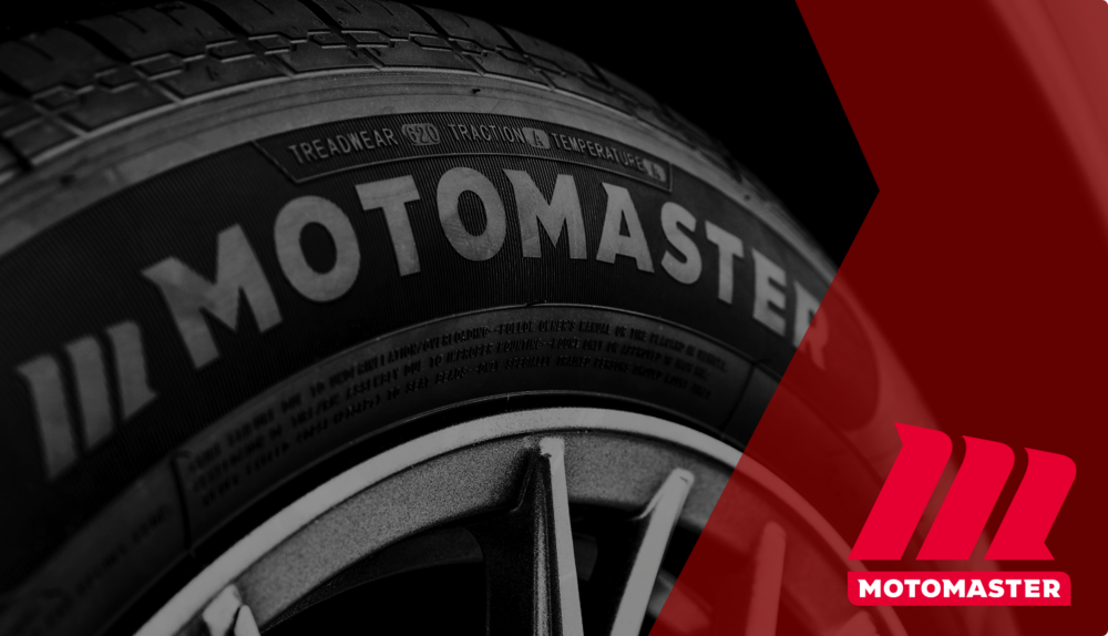Close up of a tire with MotoMaster’s logo on it.