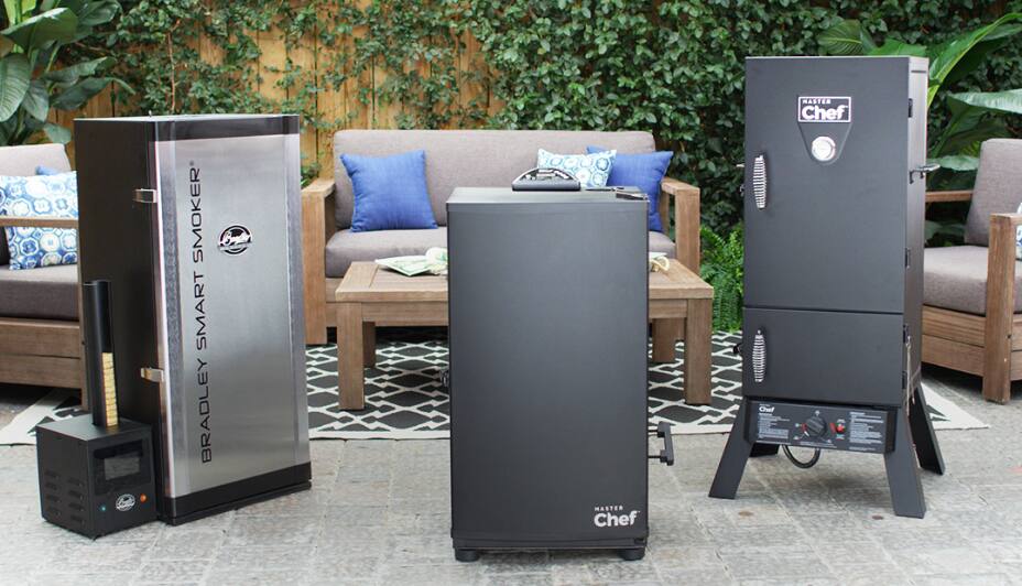 Various smokers in front of a patio furniture set