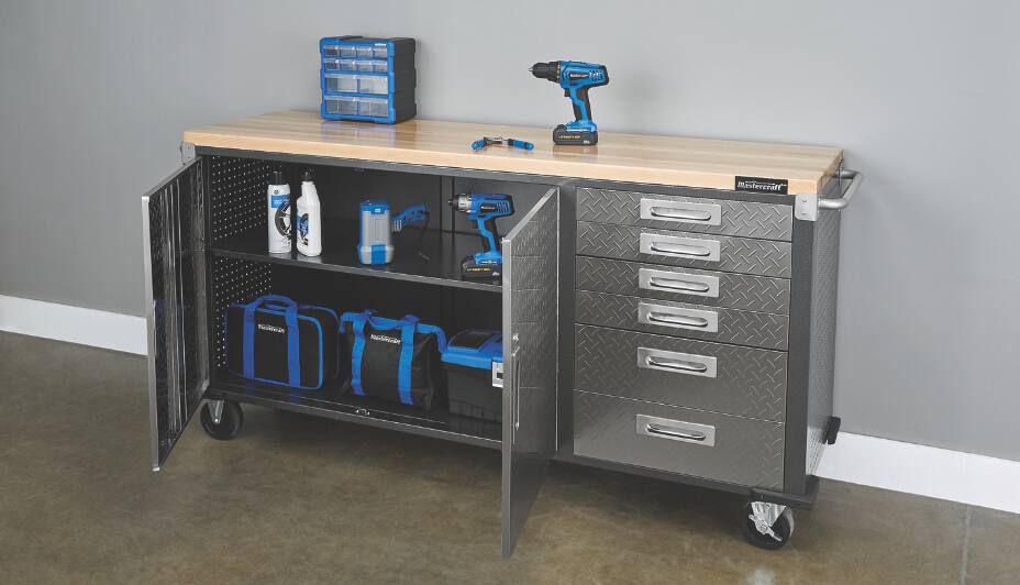 Mastercraft Rolling Cabinet, 72-in positioned in a garage