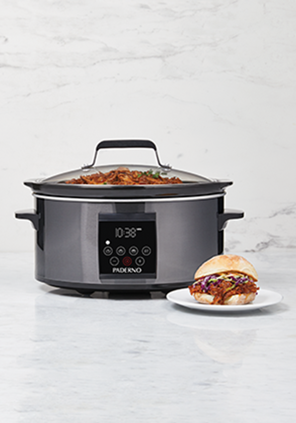 A black Paderno programmable slow cooker.