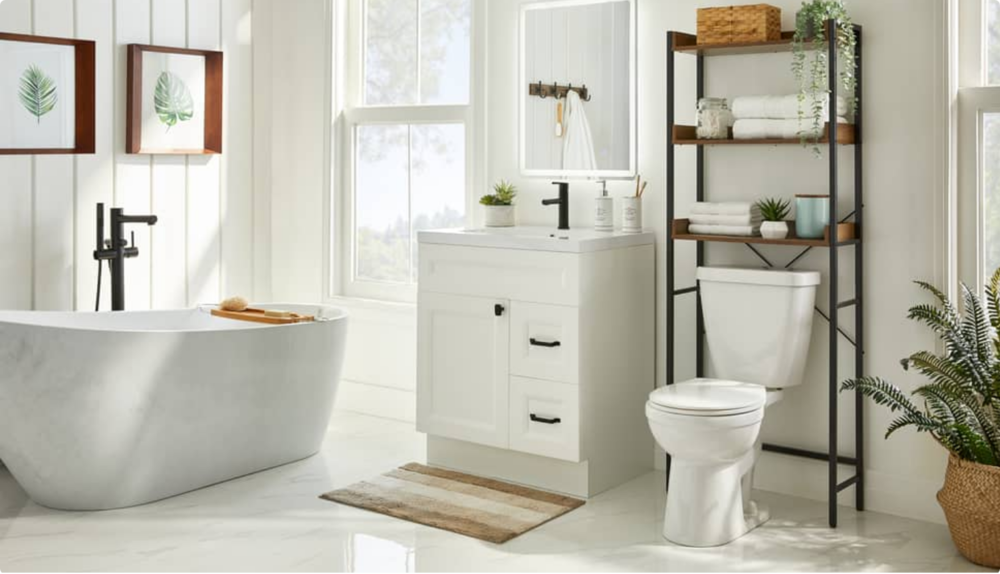 Salle de bain grise et blanche avec paniers à serviettes, rideaux de douche, plante verte et articles décoratifs.