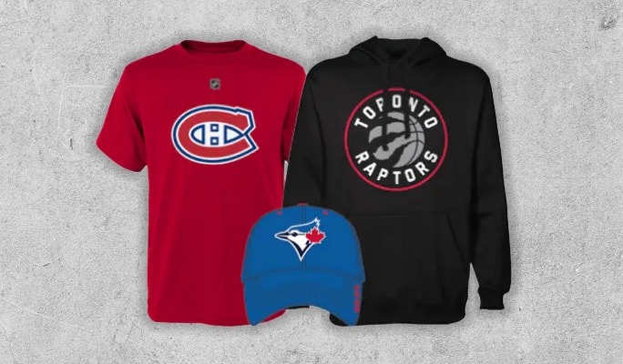Product shots of Toronto Raptors sweater, Blue Jays cap and Montreal Canadians t-shirt. 