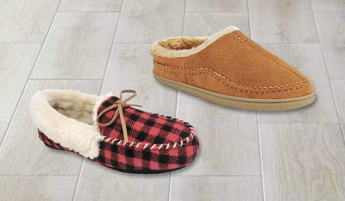 Product shot of checkered sherpa-lined slippers. 
