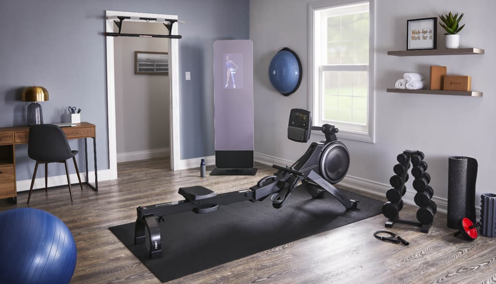 A rowing machine, yoga ball, dumbbell rack, yoga mat, and accessories in the ground floor room of a home.