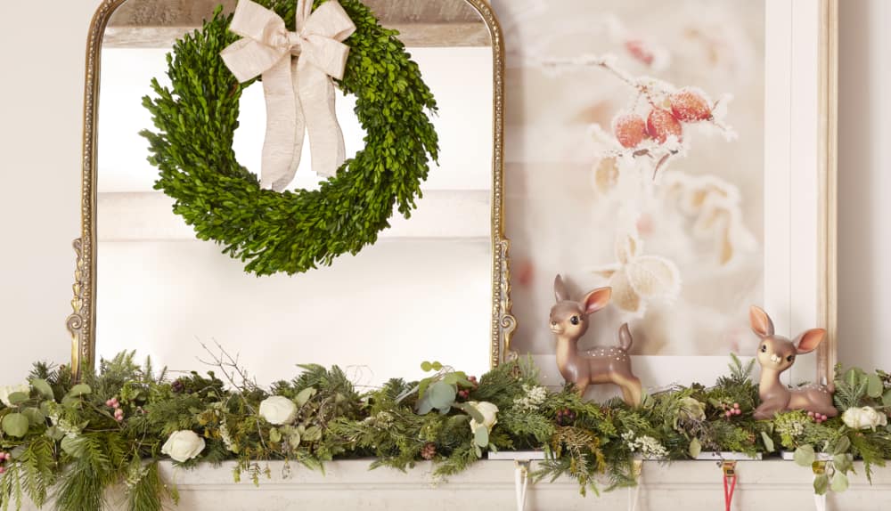 Jillian Harris & CANVAS Sitting Fawn Standing Fawn, Boxwood Wreath decorations on a mantel