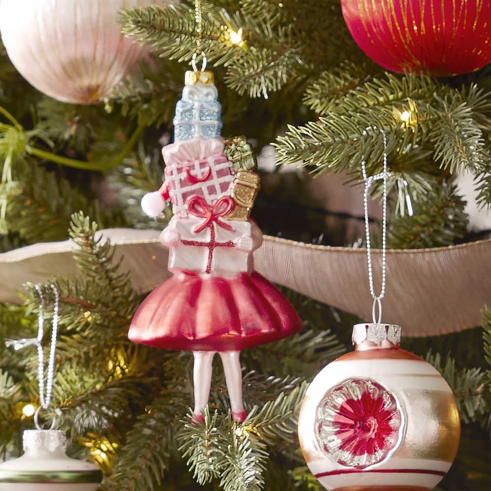 Jillian Harris & CANVAS Glass Girl with Presents  ornament on a tree
