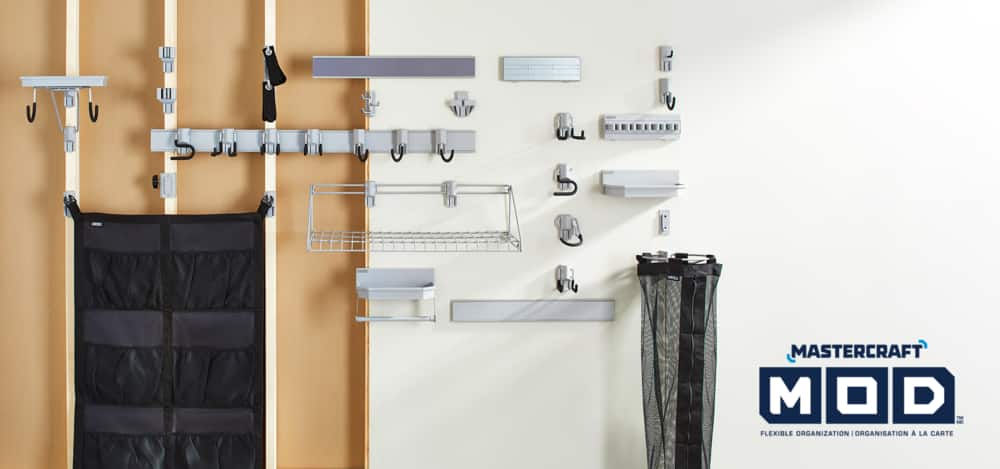 Mastercraft MOD™ wall mounts on finished and unfinished walls, with attached hooks, holders, and racks.