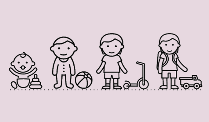 Illustration of 4 kids ranging in ages with kids’ toys.