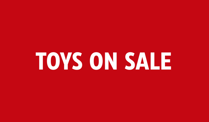 Red background with bold text “toys on sale”.