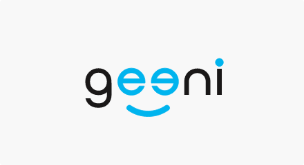 The Geeni logo: A mostly black “geeni” wordmark featuring two blue lowercase Es above a curved line, designed to resemble a smiling face.