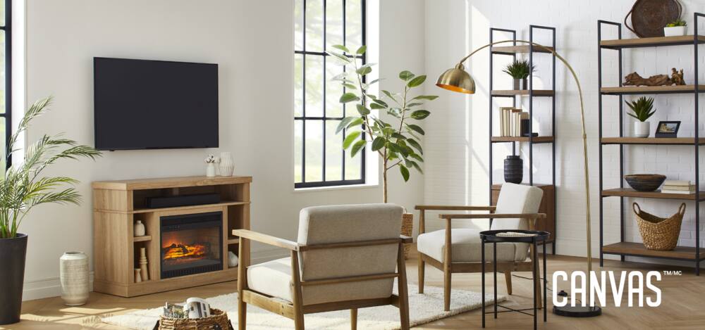 Living room decorated with CANVAS accent chairs, bookcase, floor lamp and electric fireplace TV stand.