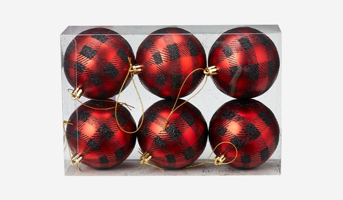 CANVAS Red collection buff check ball set ornaments, 6-pk