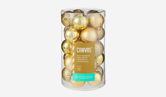 CANVAS Thoughtfully Sourced gold ornaments, 25-pk