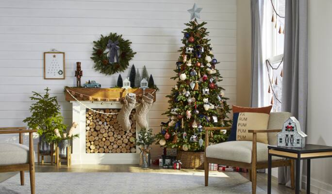 CANVAS Countryside Christmas Collection on a tree and living room