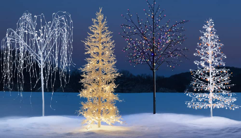 A range of CANVAS Outdoor Pre-Lit Trees on a snowy lawn including the Winterberry Tree, Twinkling Willow Tree, Winter Wonderland Flocked Tree, and Twig Tree.